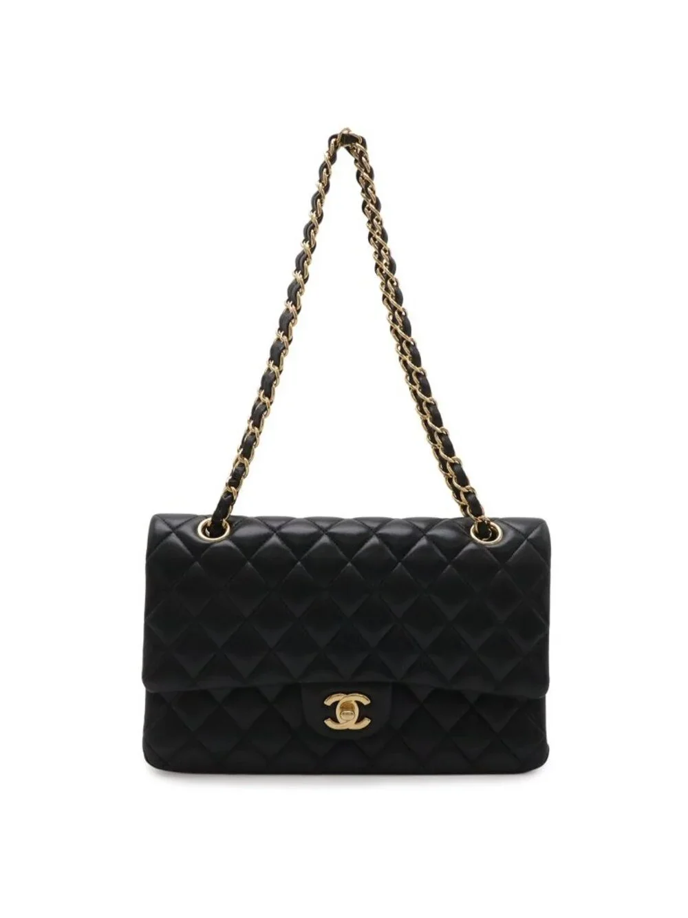 Chanel Quilted 25 CC Logo Chain Shoulder Bag Lambskin Black Gold